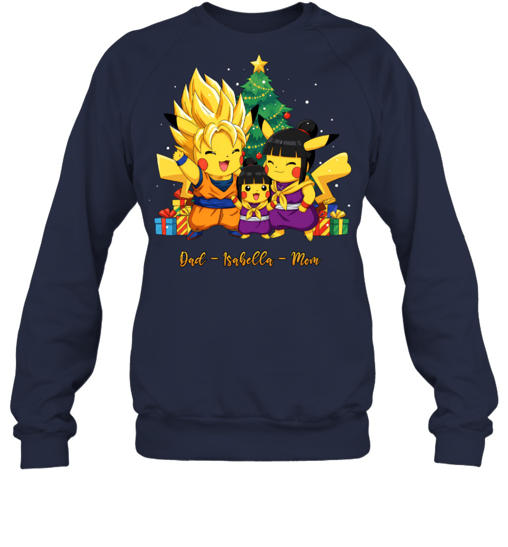 Pikachu x Son Goku Parents & Daughter Custom Name Christmas T-Shirt for Family