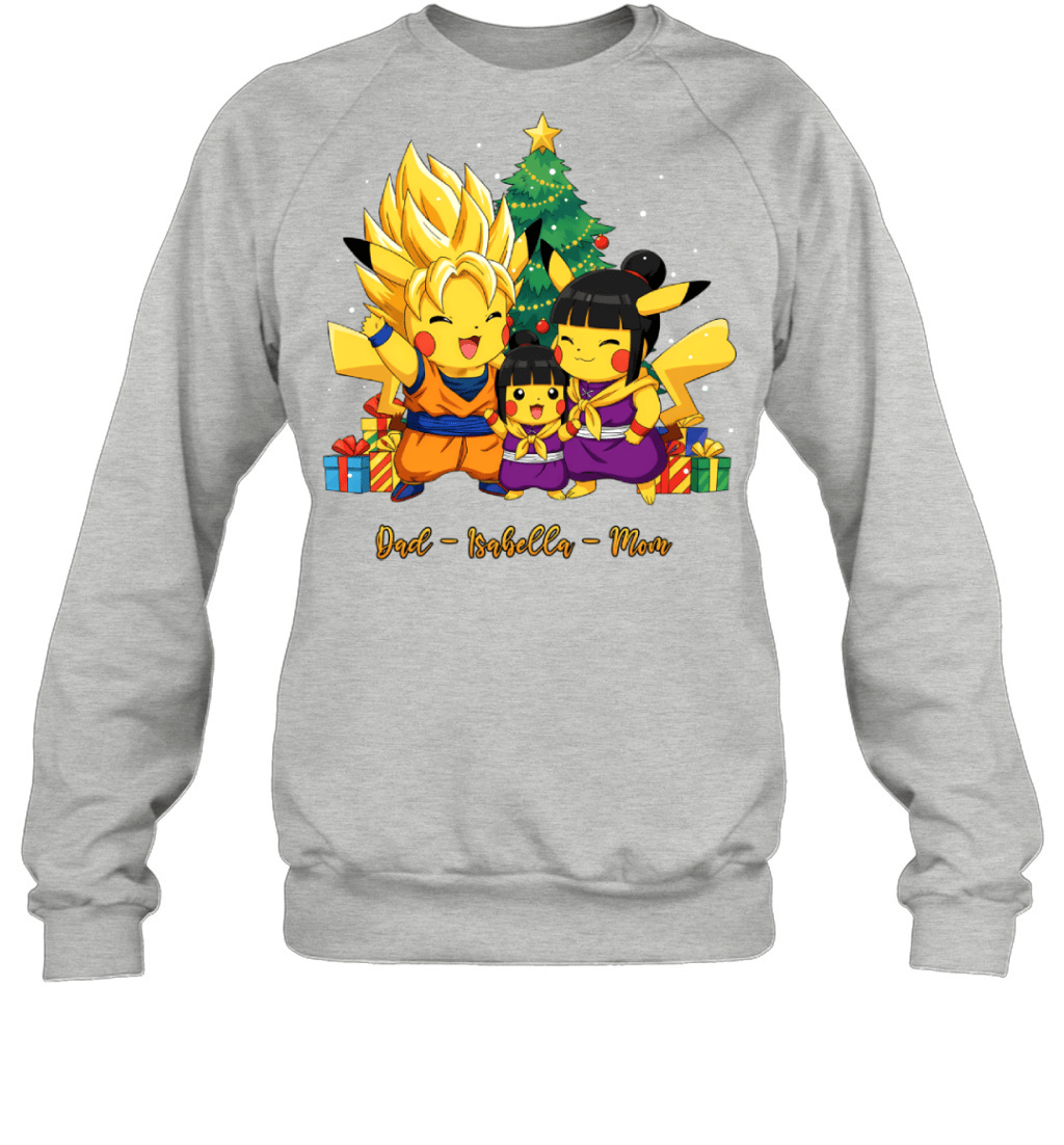 Pikachu x Son Goku Parents & Daughter Custom Name Christmas T-Shirt for Family