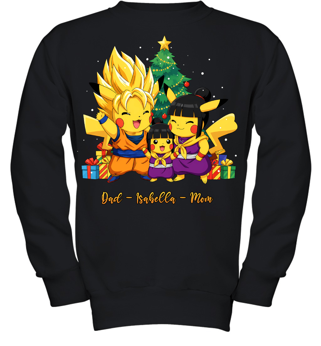 Pikachu x Son Goku Parents & Daughter Custom Name Christmas T-Shirt for Family