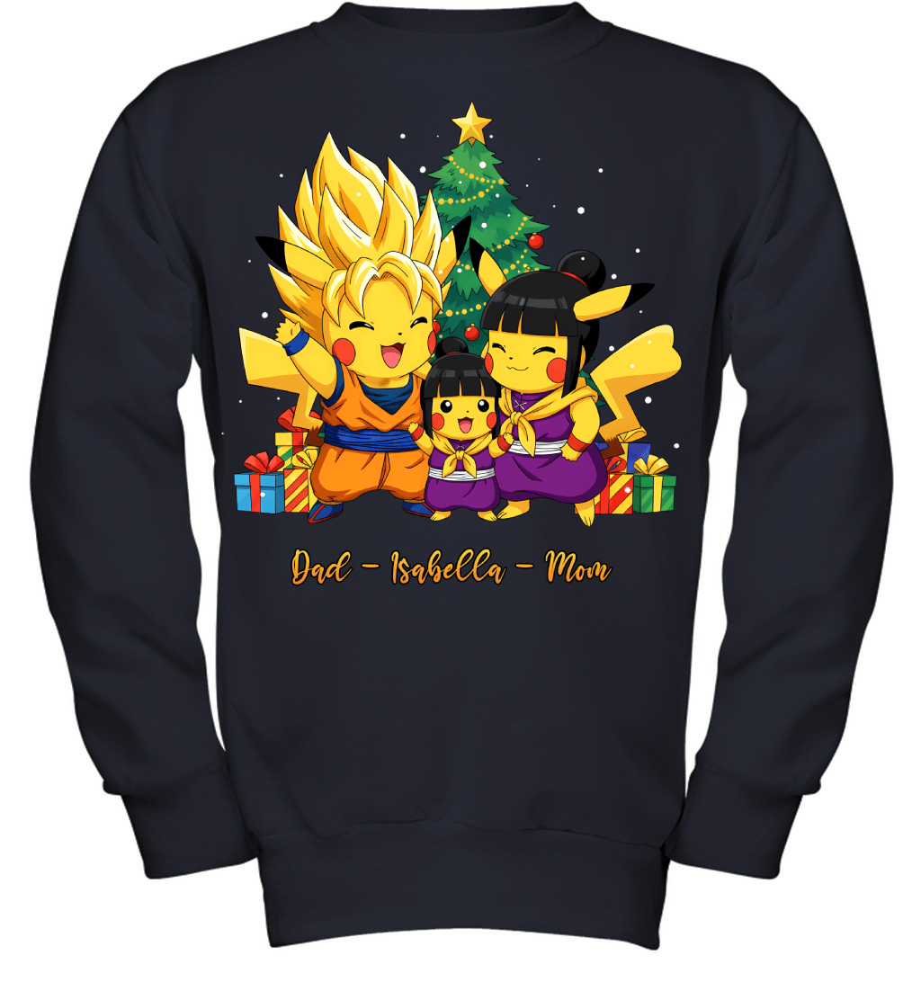 Pikachu x Son Goku Parents & Daughter Custom Name Christmas T-Shirt for Family