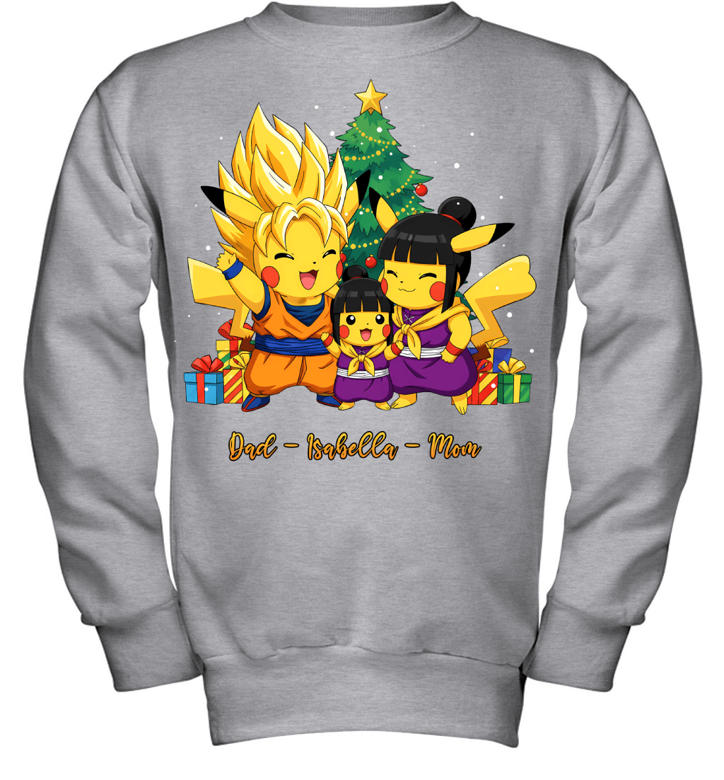 Pikachu x Son Goku Parents & Daughter Custom Name Christmas T-Shirt for Family