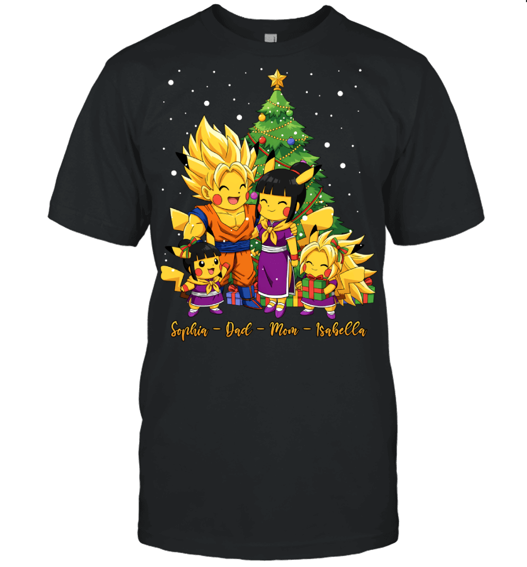 Pikachu x Son Goku Parents & Daughters Custom Name Christmas T-Shirt for Family