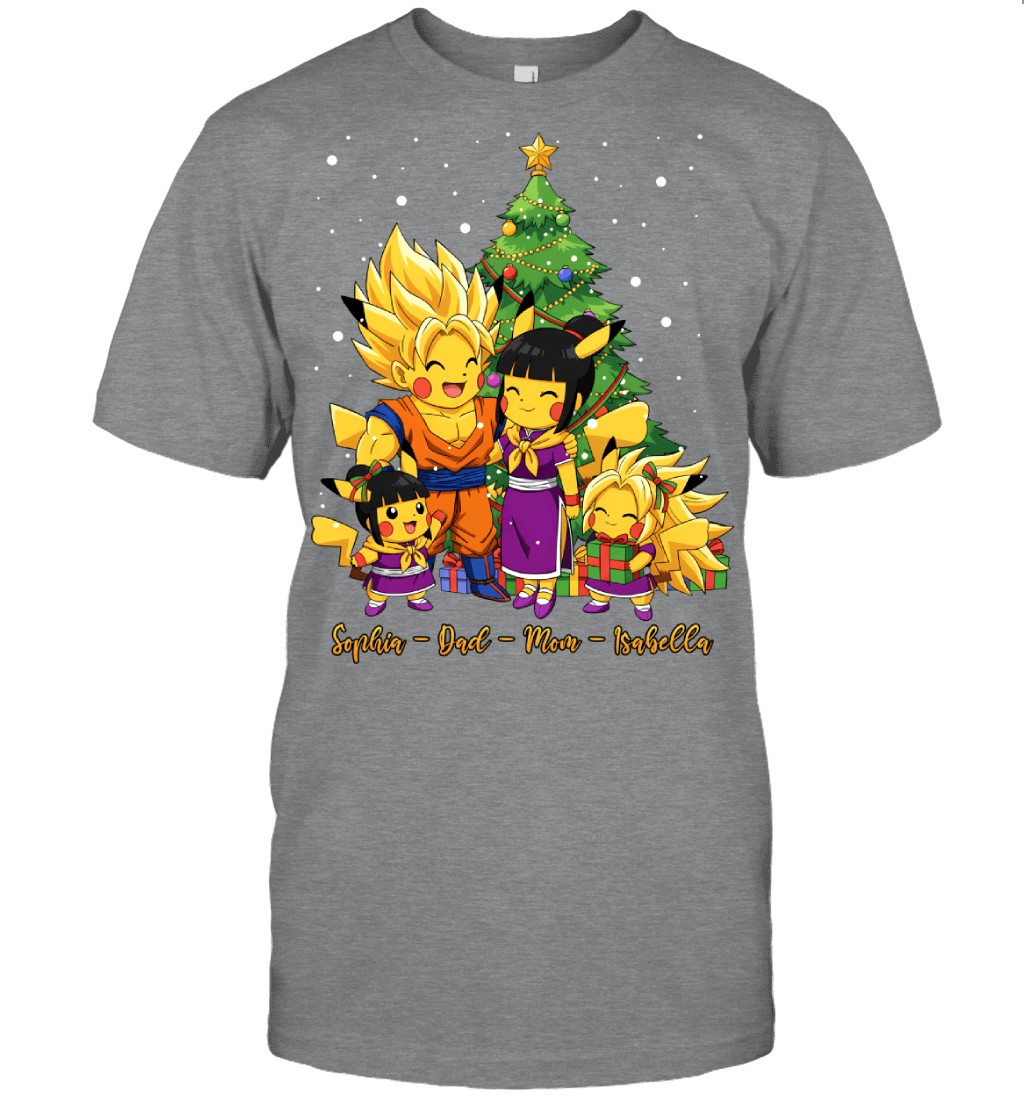 Pikachu x Son Goku Parents & Daughters Custom Name Christmas T-Shirt for Family