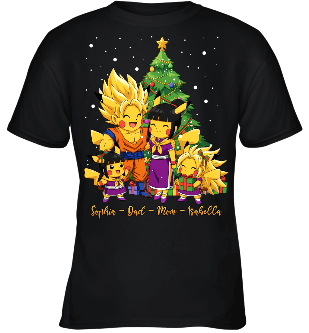 Pikachu x Son Goku Parents & Daughters Custom Name Christmas T-Shirt for Family