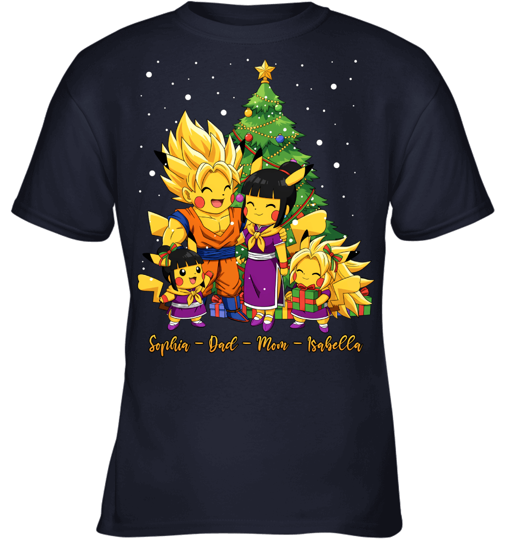 Pikachu x Son Goku Parents & Daughters Custom Name Christmas T-Shirt for Family