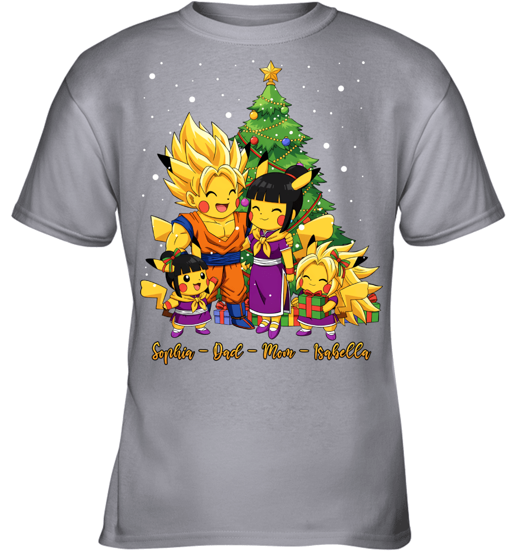 Pikachu x Son Goku Parents & Daughters Custom Name Christmas T-Shirt for Family