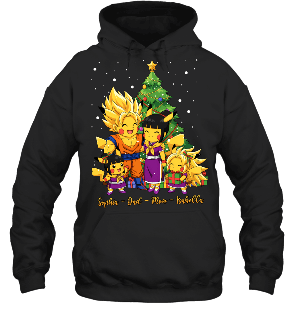 Pikachu x Son Goku Parents & Daughters Custom Name Christmas T-Shirt for Family