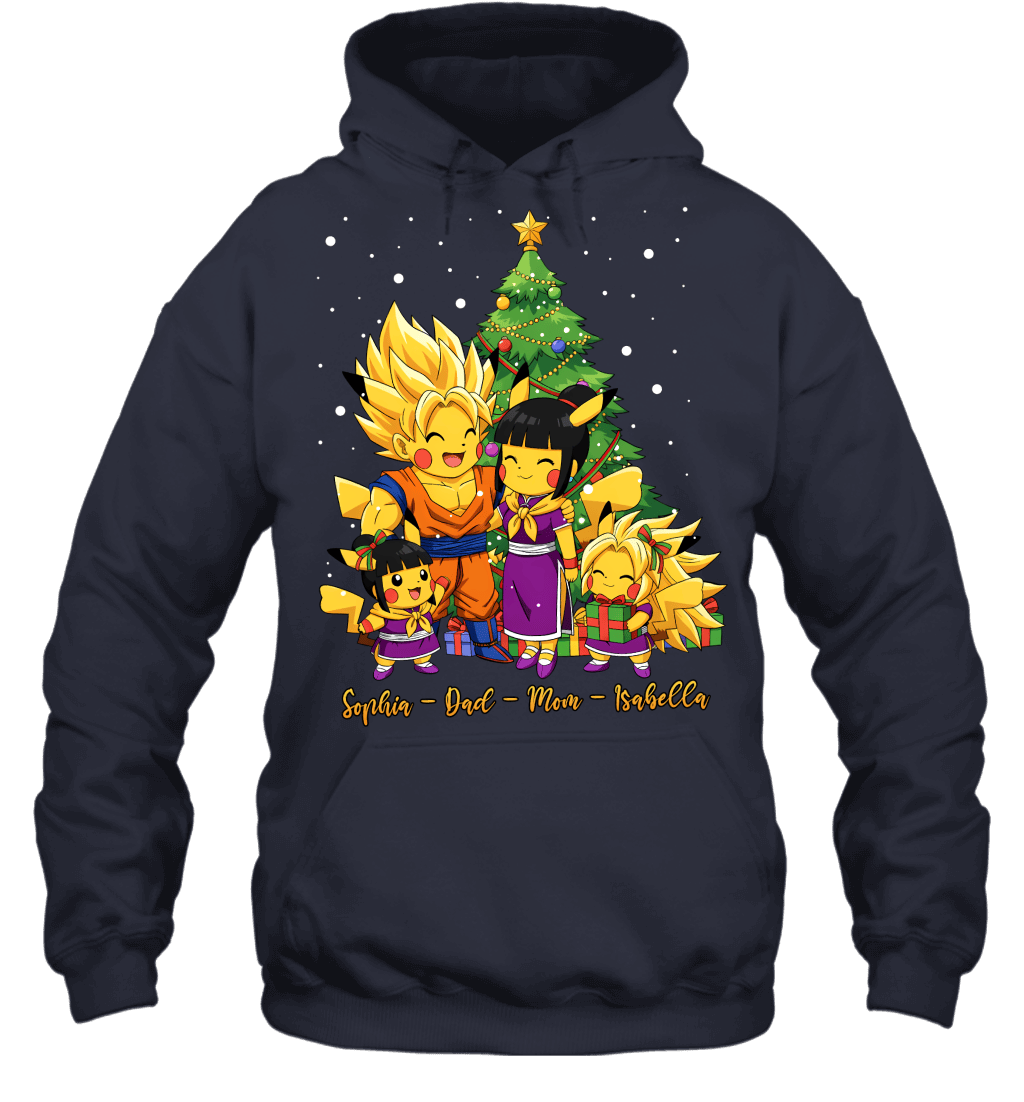 Pikachu x Son Goku Parents & Daughters Custom Name Christmas T-Shirt for Family