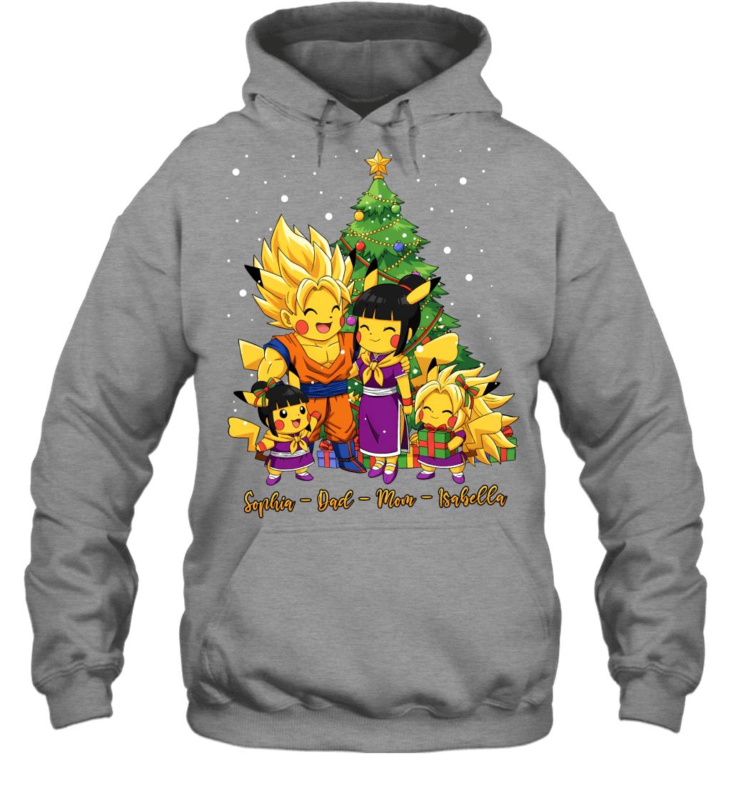 Pikachu x Son Goku Parents & Daughters Custom Name Christmas T-Shirt for Family
