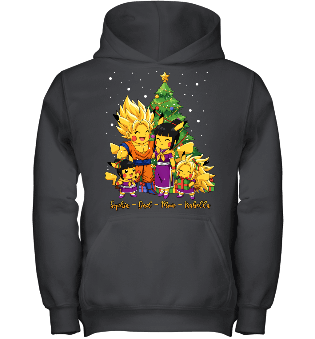 Pikachu x Son Goku Parents & Daughters Custom Name Christmas T-Shirt for Family