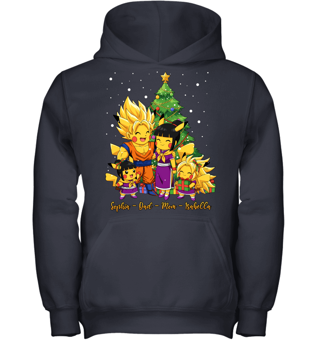 Pikachu x Son Goku Parents & Daughters Custom Name Christmas T-Shirt for Family