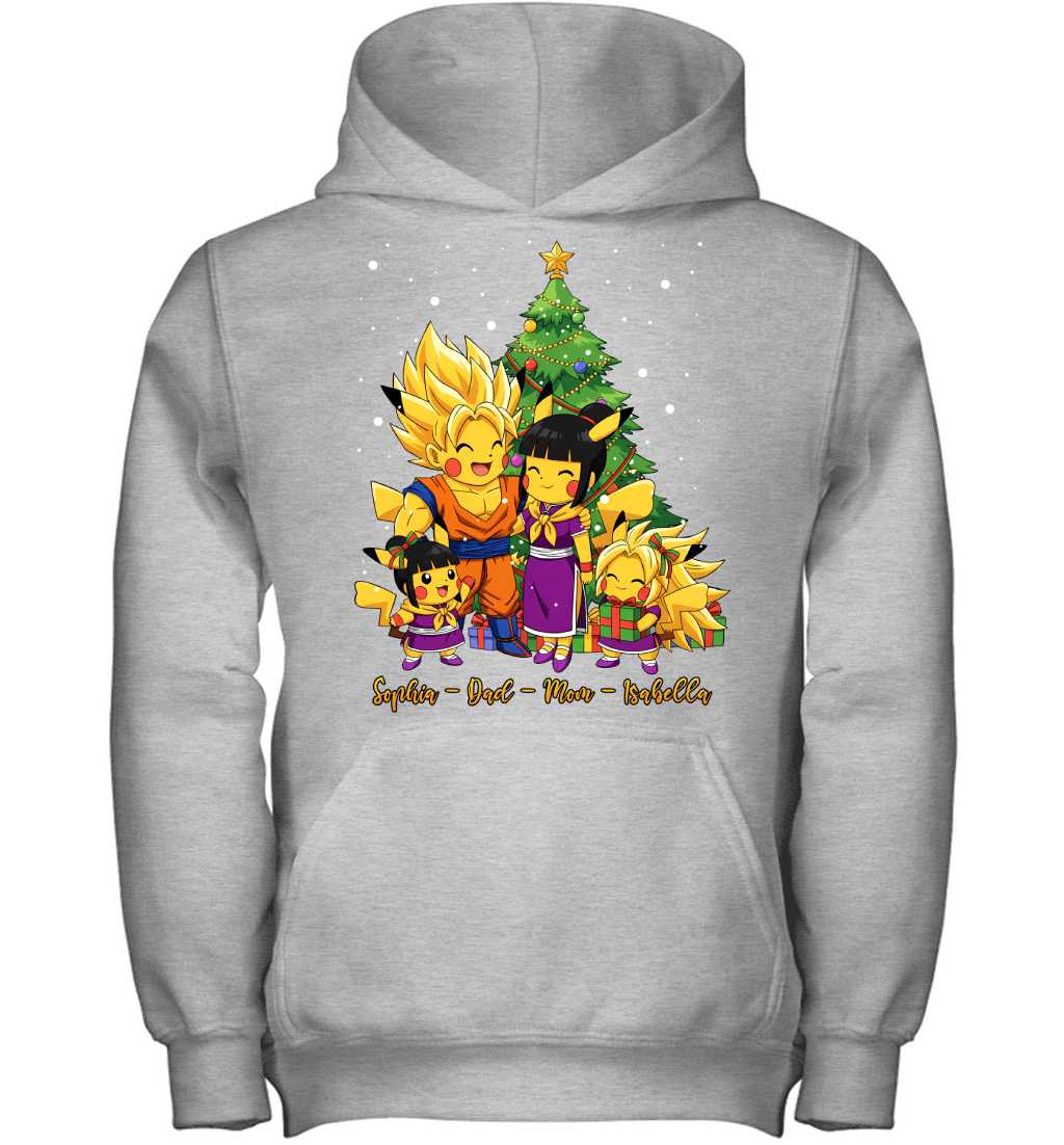 Pikachu x Son Goku Parents & Daughters Custom Name Christmas T-Shirt for Family