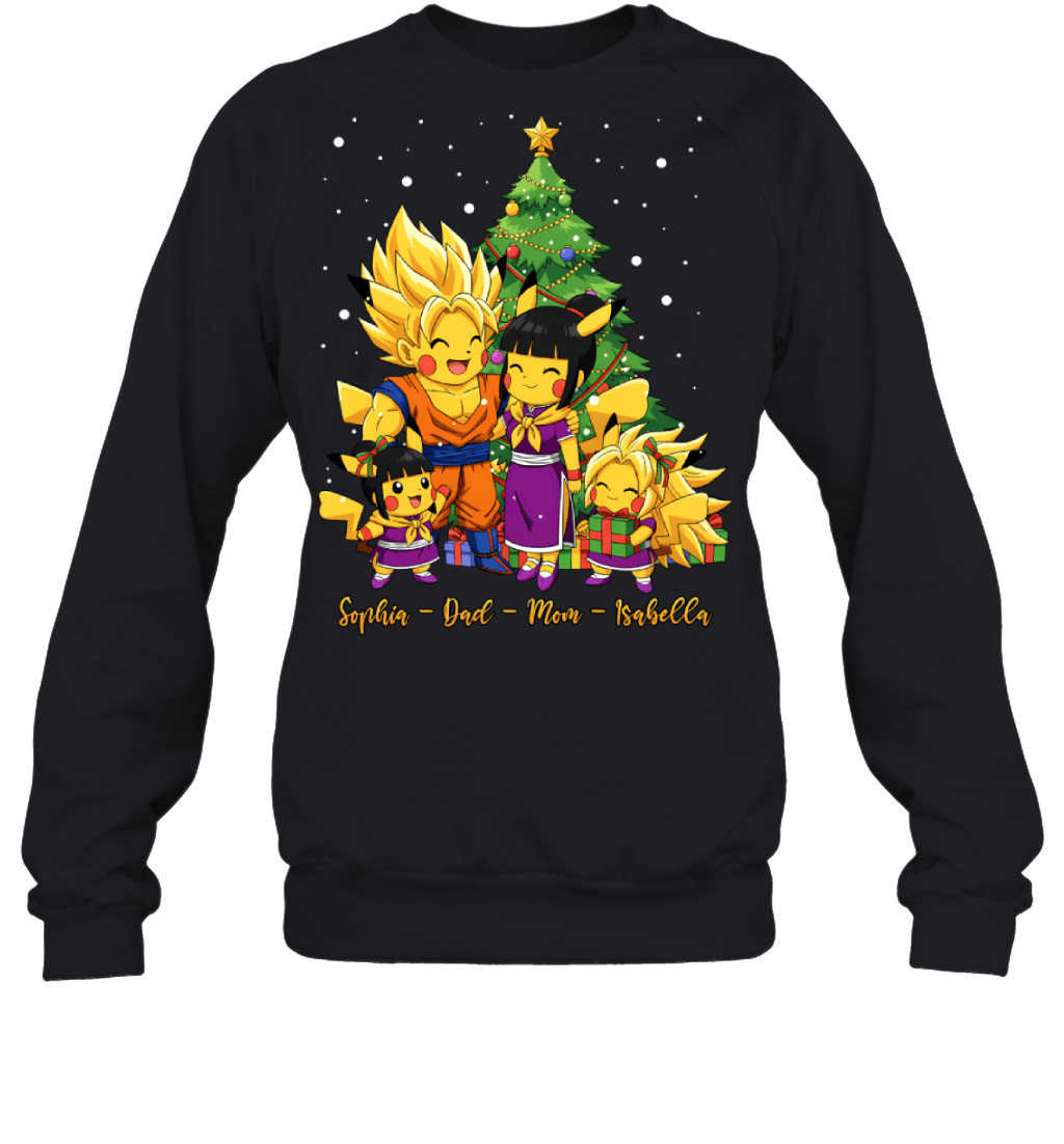 Pikachu x Son Goku Parents & Daughters Custom Name Christmas T-Shirt for Family