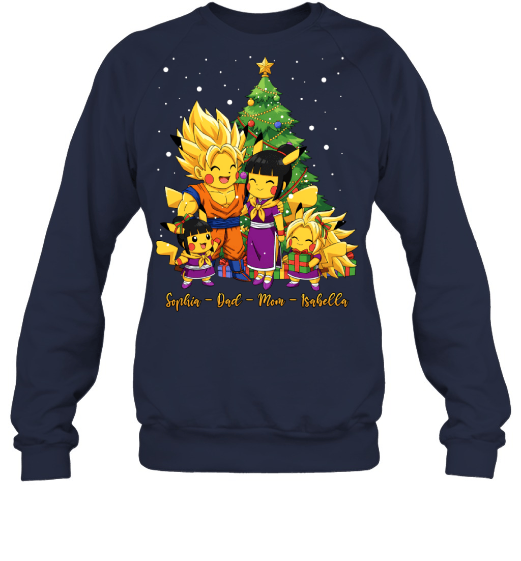 Pikachu x Son Goku Parents & Daughters Custom Name Christmas T-Shirt for Family