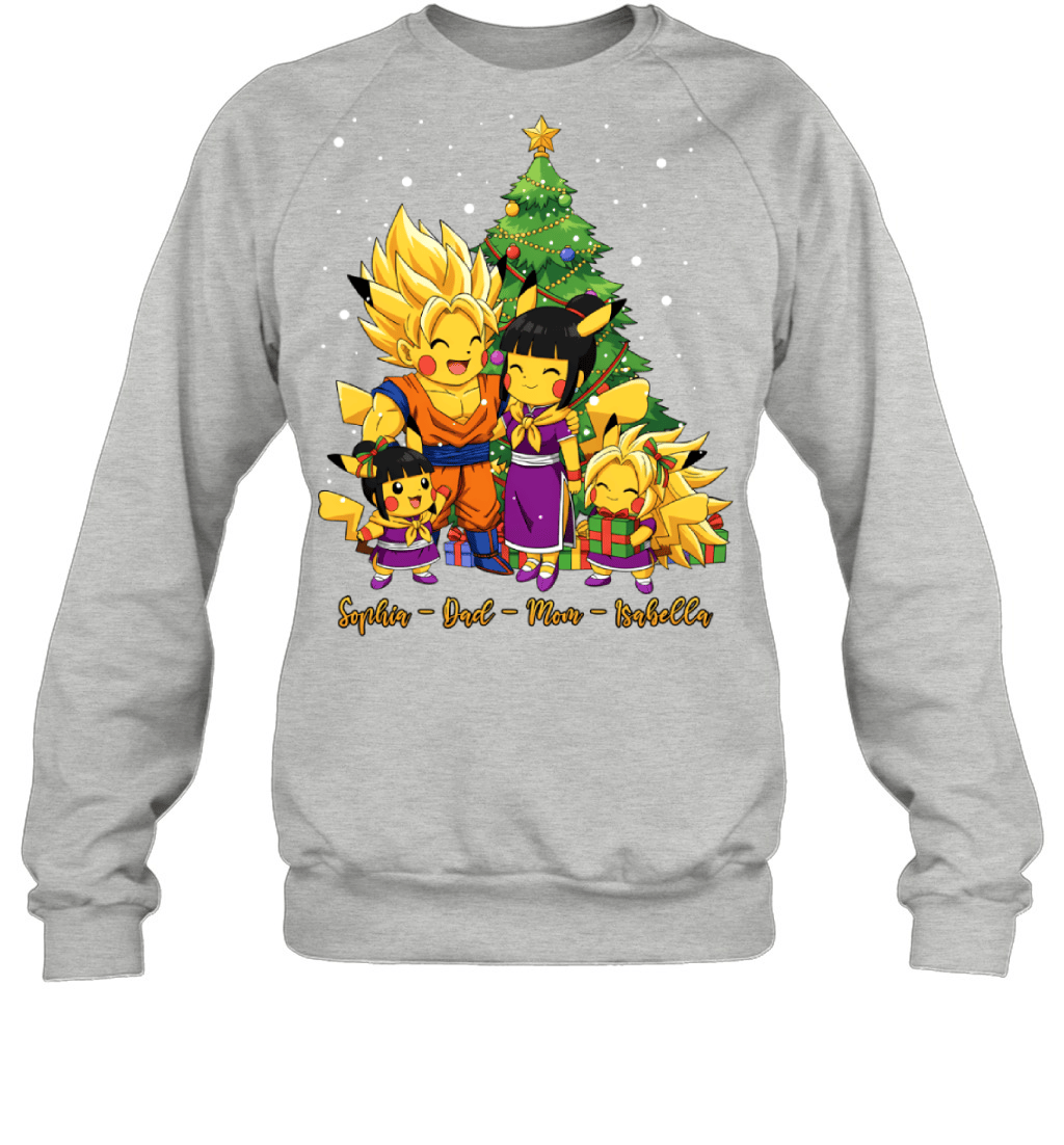 Pikachu x Son Goku Parents & Daughters Custom Name Christmas T-Shirt for Family
