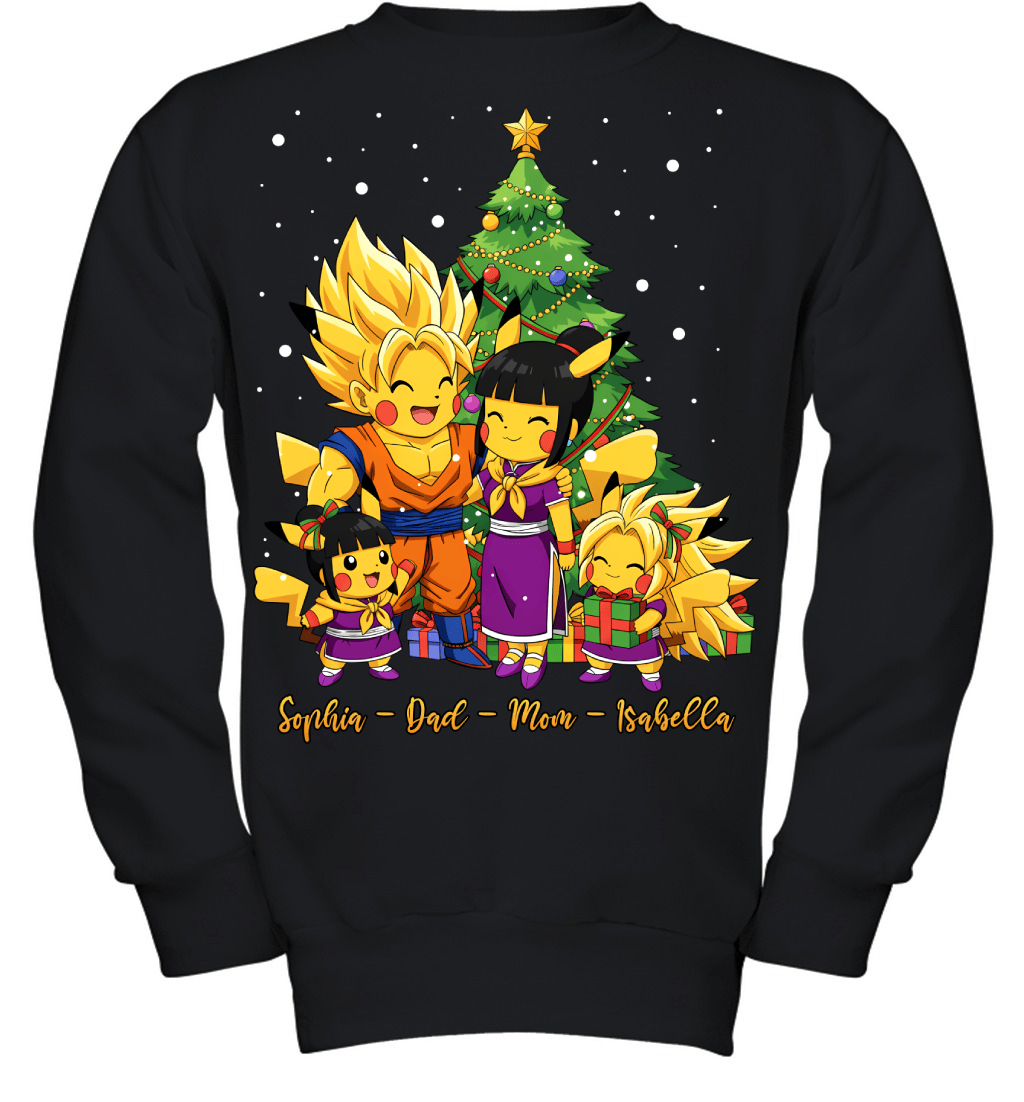 Pikachu x Son Goku Parents & Daughters Custom Name Christmas T-Shirt for Family