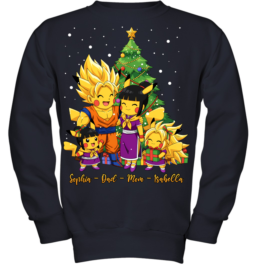 Pikachu x Son Goku Parents & Daughters Custom Name Christmas T-Shirt for Family