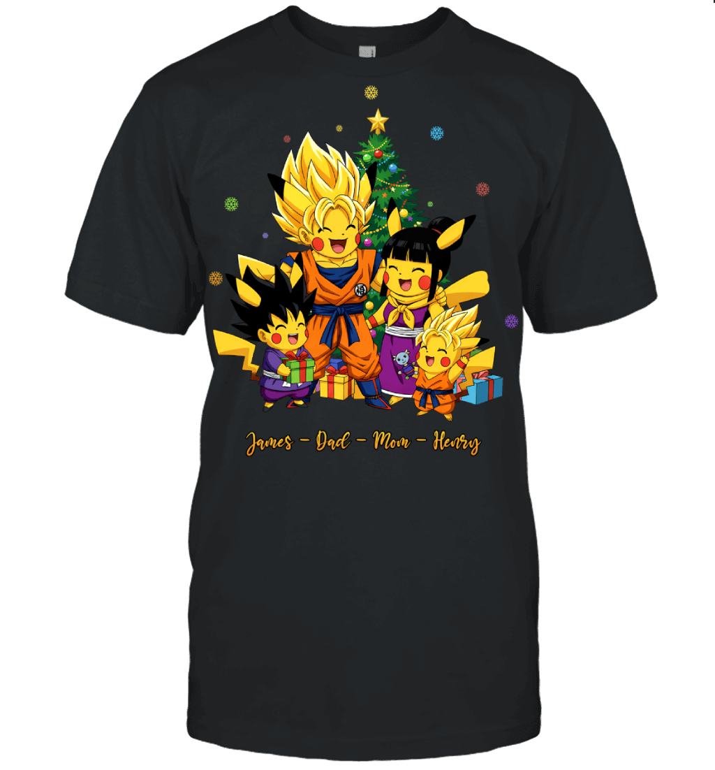 Pikachu x Son Goku Parents & Sons Custom Name Christmas T-Shirt for Family
