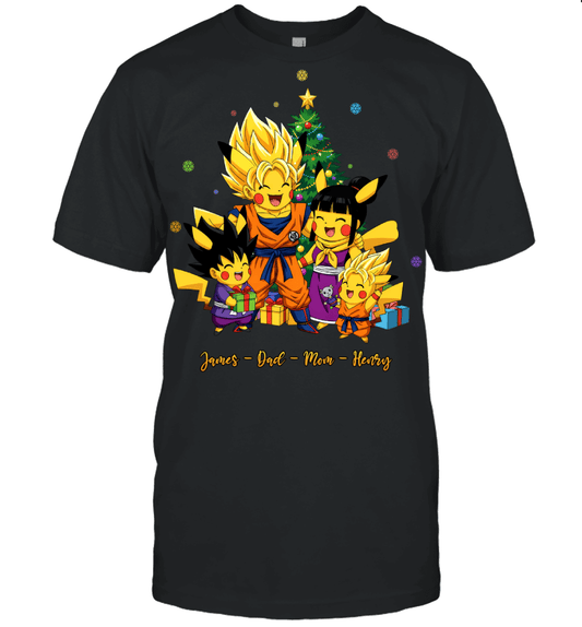 Pikachu x Son Goku Parents & Sons Custom Name Christmas T-Shirt for Family