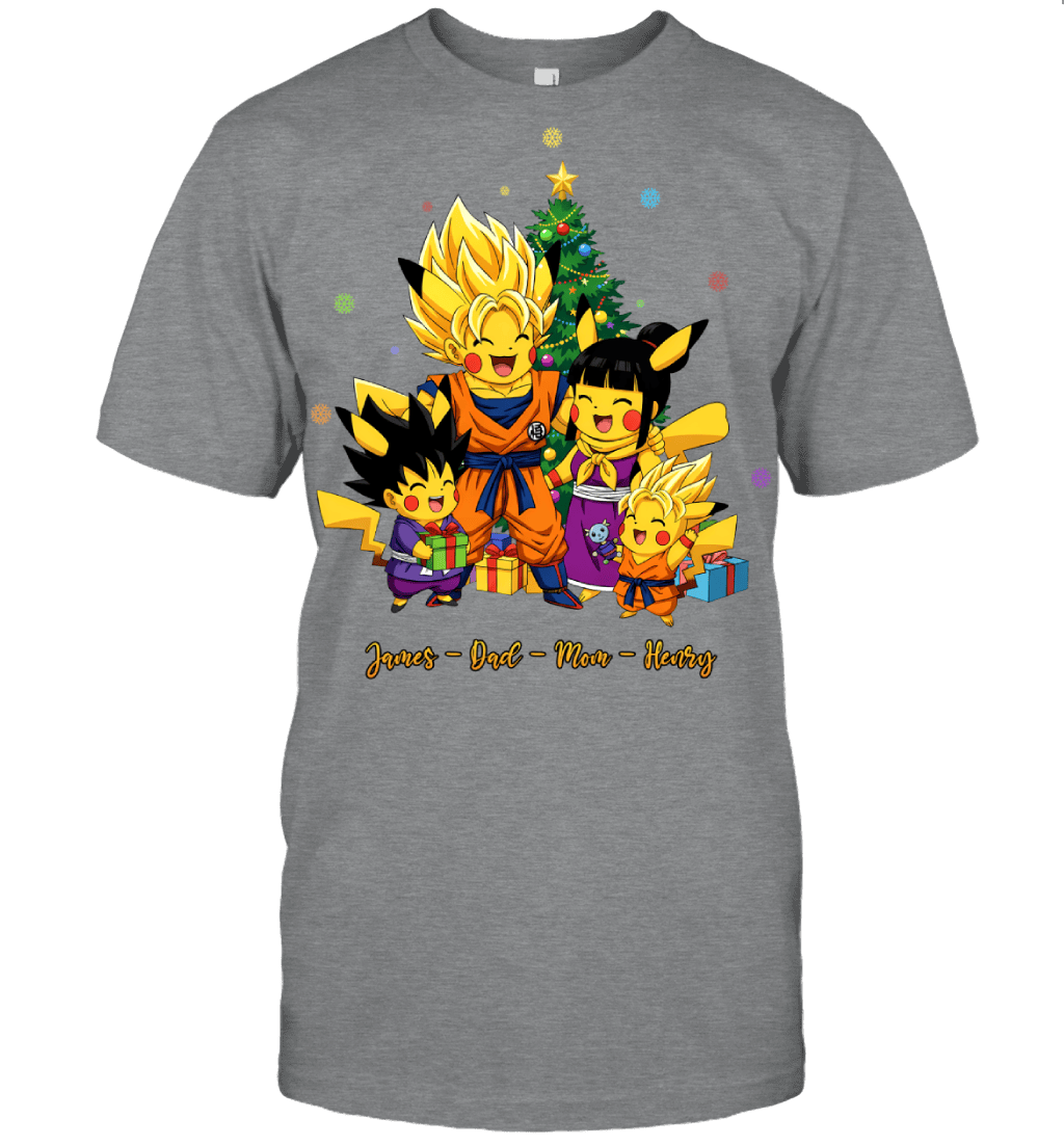 Pikachu x Son Goku Parents & Sons Custom Name Christmas T-Shirt for Family