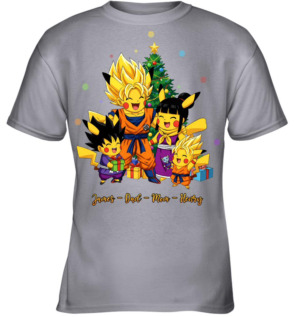 Pikachu x Son Goku Parents & Sons Custom Name Christmas T-Shirt for Family