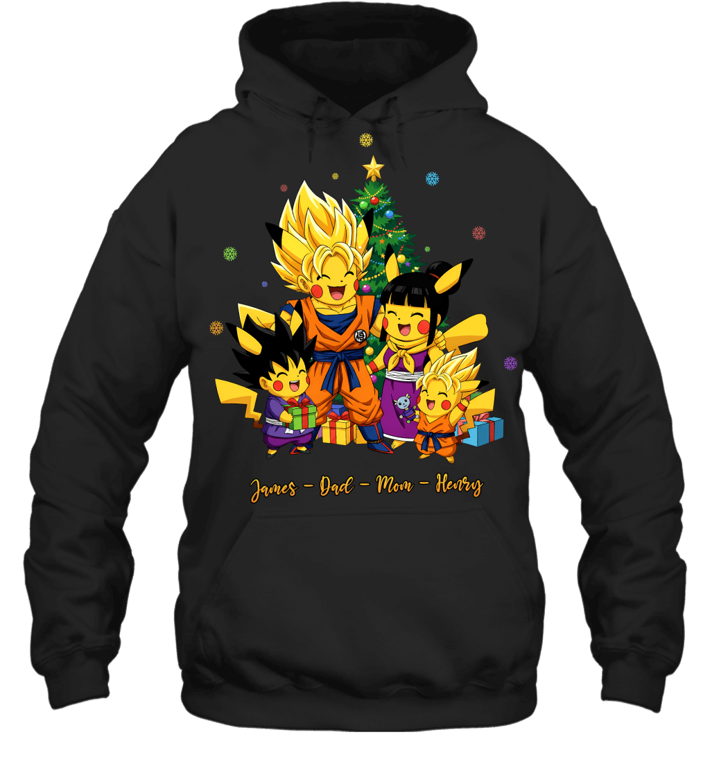 Pikachu x Son Goku Parents & Sons Custom Name Christmas T-Shirt for Family