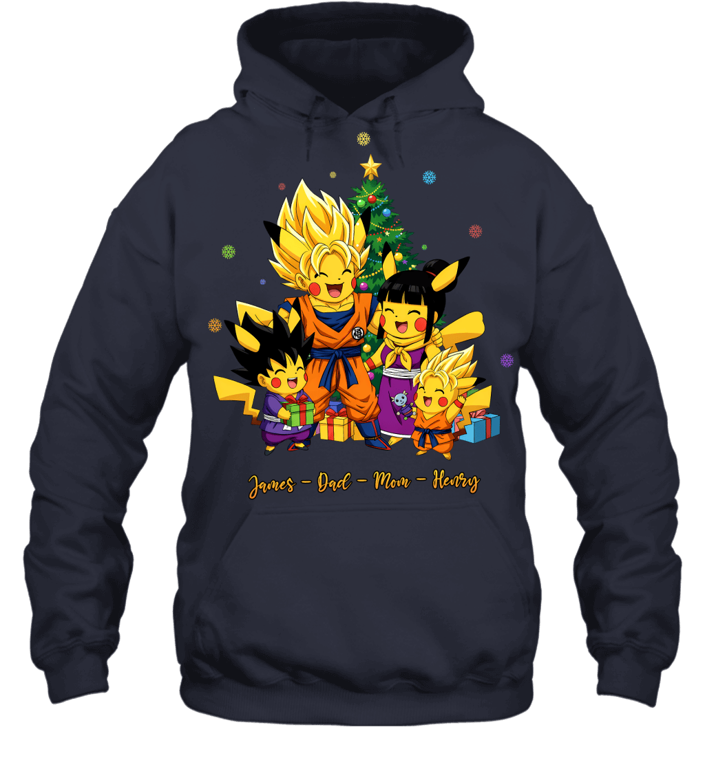 Pikachu x Son Goku Parents & Sons Custom Name Christmas T-Shirt for Family