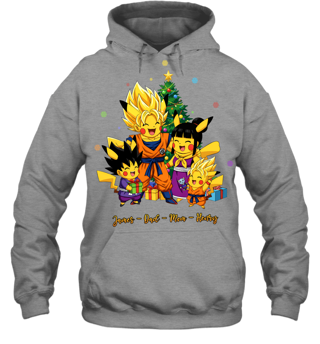 Pikachu x Son Goku Parents & Sons Custom Name Christmas T-Shirt for Family
