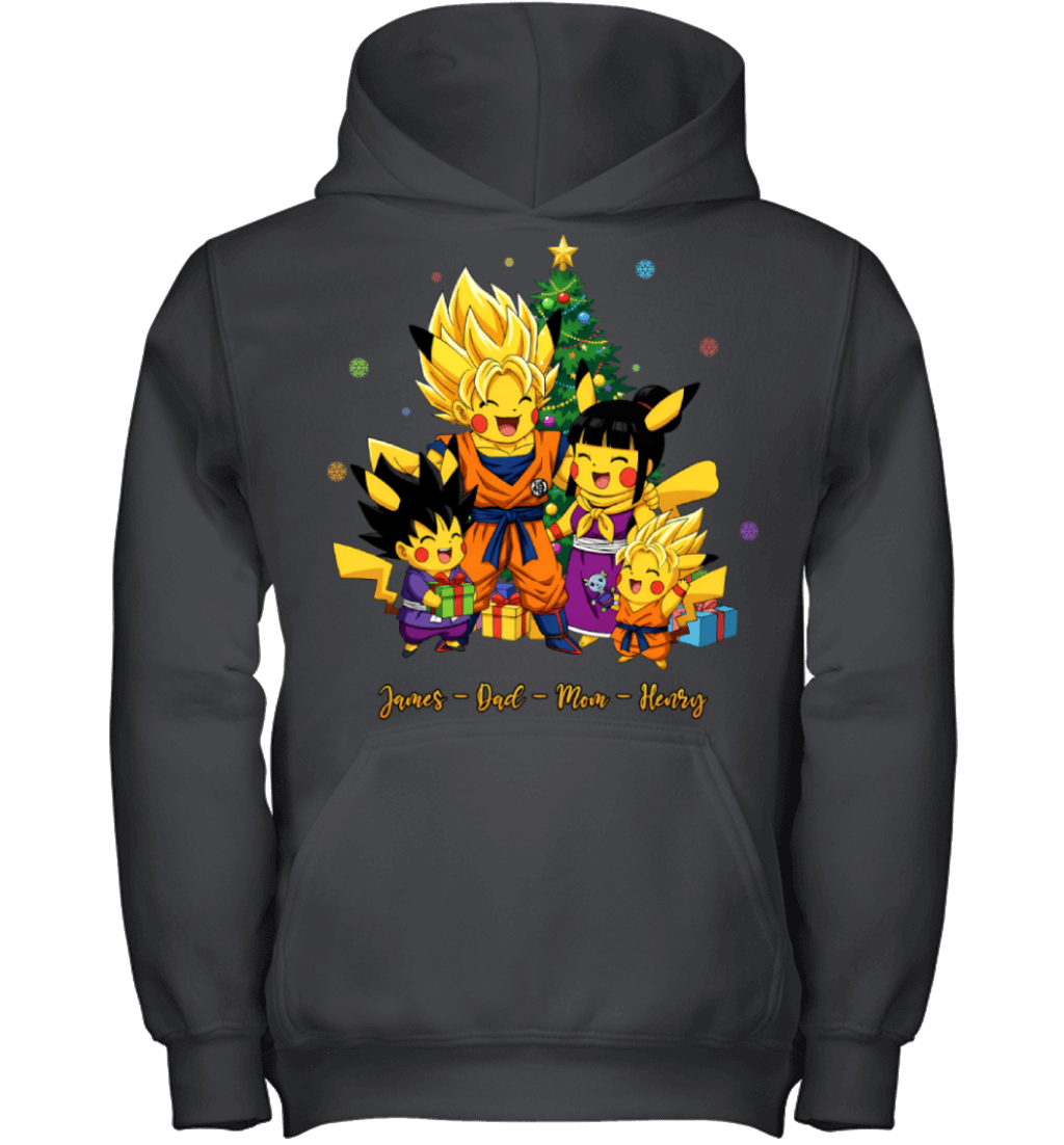 Pikachu x Son Goku Parents & Sons Custom Name Christmas T-Shirt for Family
