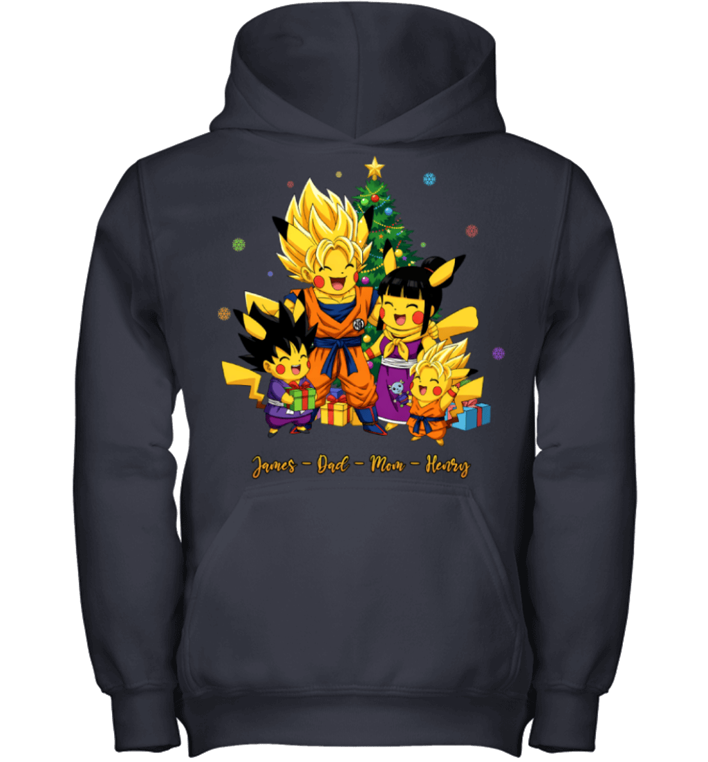 Pikachu x Son Goku Parents & Sons Custom Name Christmas T-Shirt for Family