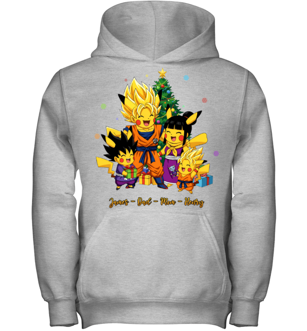 Pikachu x Son Goku Parents & Sons Custom Name Christmas T-Shirt for Family