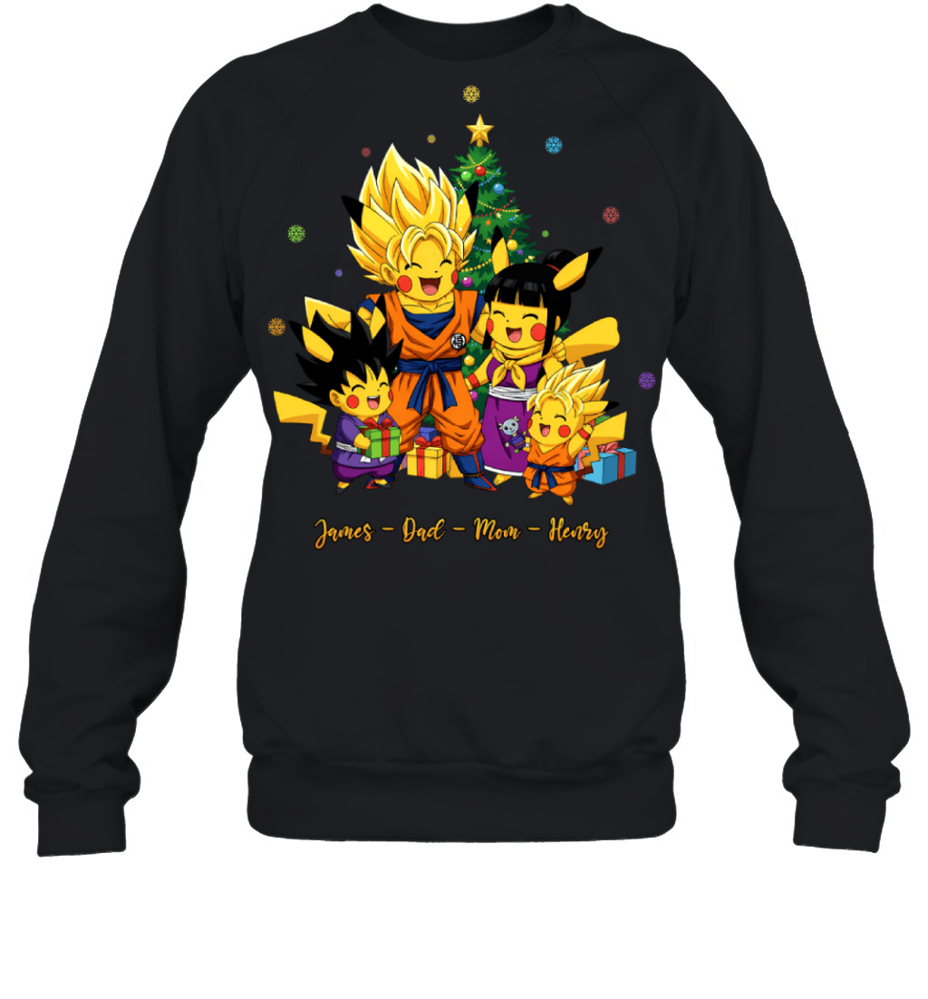 Pikachu x Son Goku Parents & Sons Custom Name Christmas T-Shirt for Family