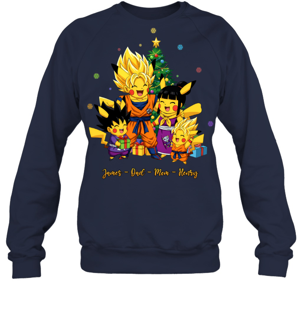 Pikachu x Son Goku Parents & Sons Custom Name Christmas T-Shirt for Family