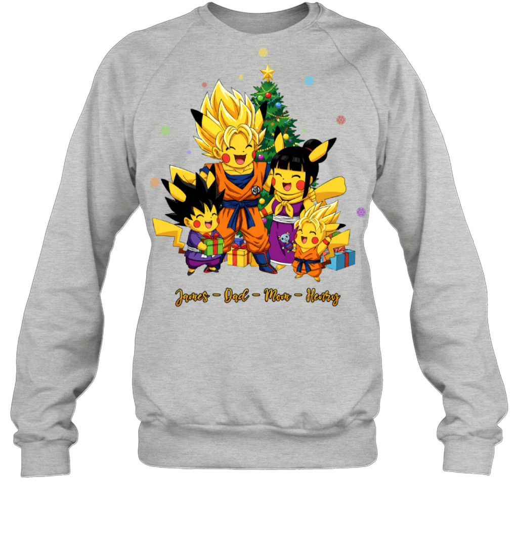 Pikachu x Son Goku Parents & Sons Custom Name Christmas T-Shirt for Family