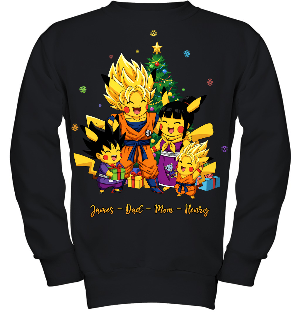 Pikachu x Son Goku Parents & Sons Custom Name Christmas T-Shirt for Family