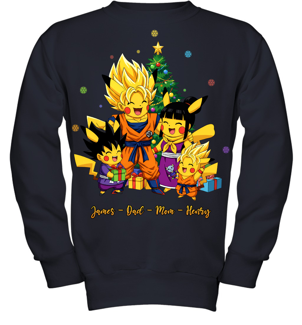 Pikachu x Son Goku Parents & Sons Custom Name Christmas T-Shirt for Family