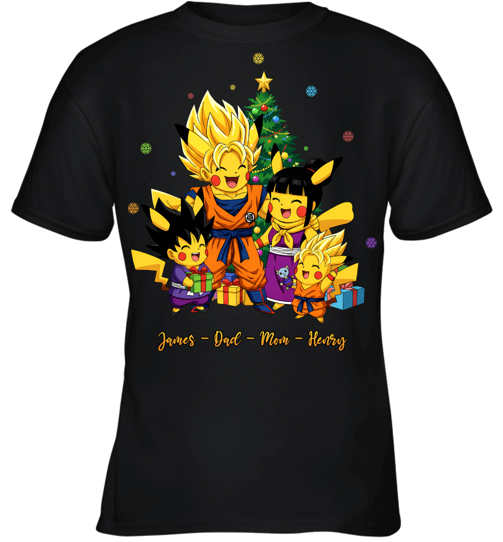 Pikachu x Son Goku Parents & Sons Custom Name Christmas T-Shirt for Family