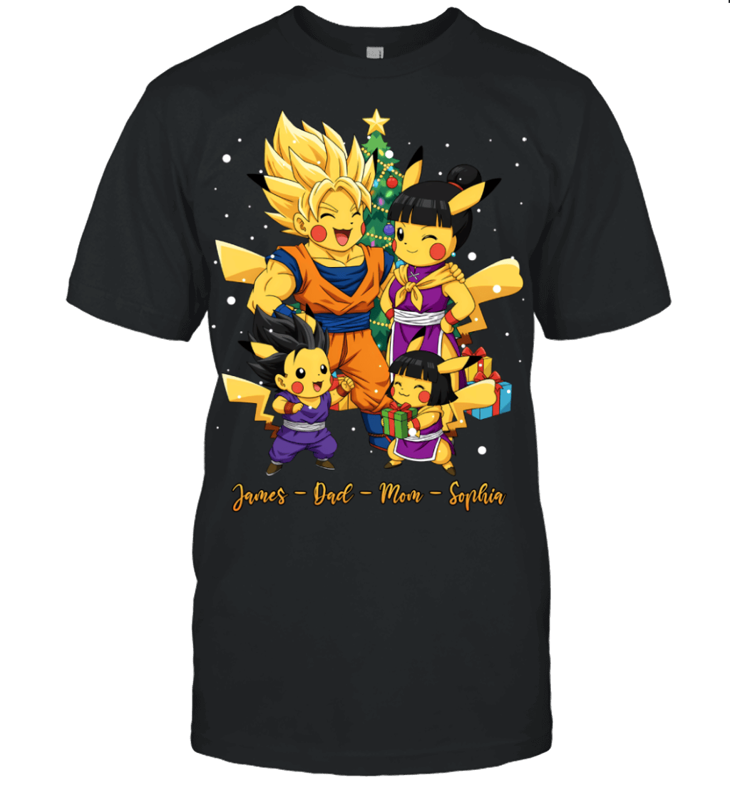 Pikachu x Son Goku Parents & Kids Custom Name Christmas T-Shirt for Family
