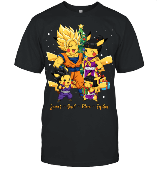 Pikachu x Son Goku Parents & Kids Custom Name Christmas T-Shirt for Family