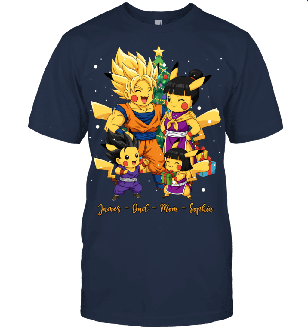 Pikachu x Son Goku Parents & Kids Custom Name Christmas T-Shirt for Family