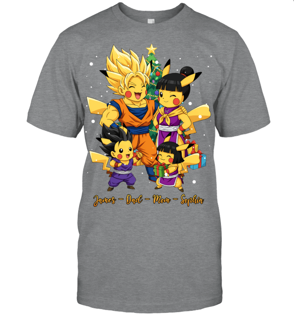 Pikachu x Son Goku Parents & Kids Custom Name Christmas T-Shirt for Family