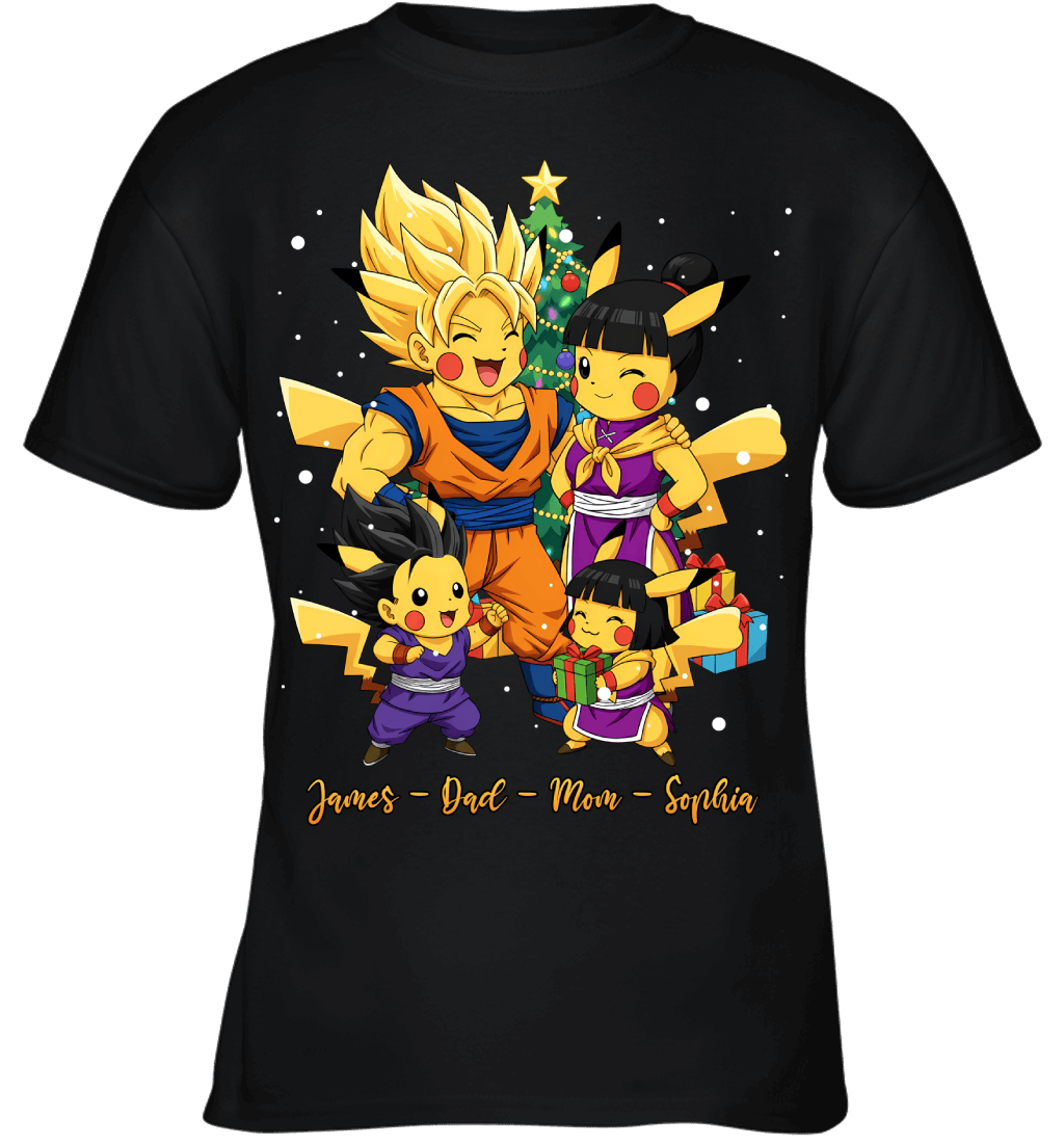Pikachu x Son Goku Parents & Kids Custom Name Christmas T-Shirt for Family