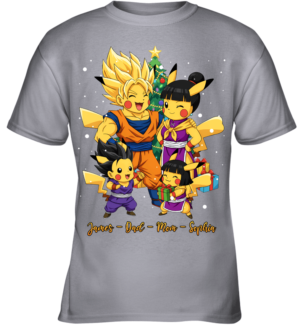 Pikachu x Son Goku Parents & Kids Custom Name Christmas T-Shirt for Family