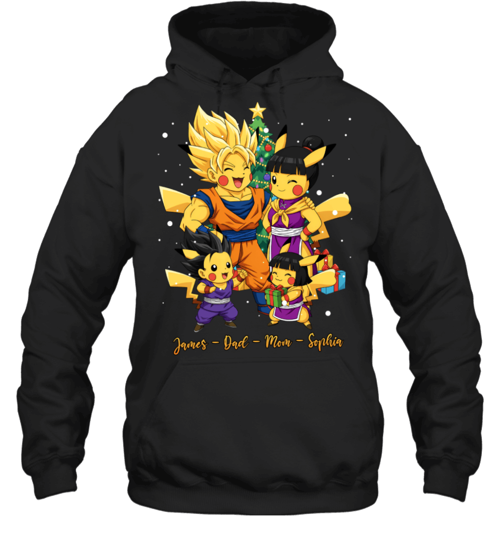 Pikachu x Son Goku Parents & Kids Custom Name Christmas T-Shirt for Family