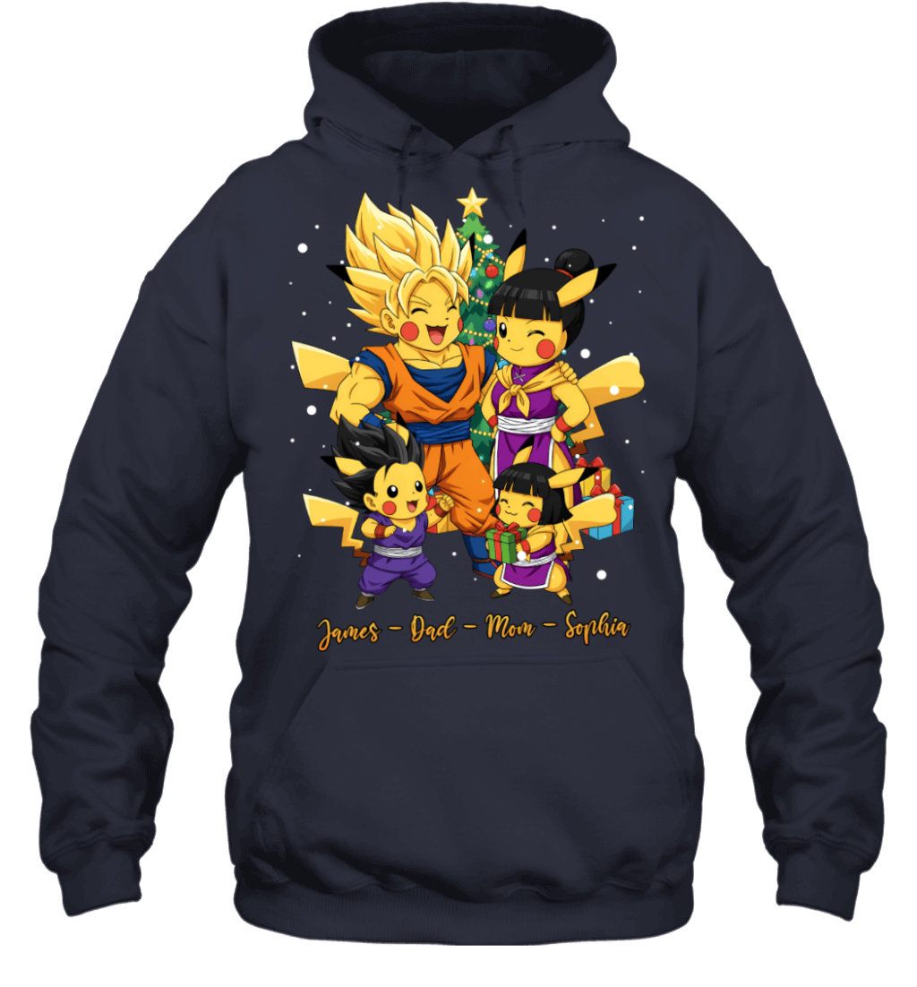 Pikachu x Son Goku Parents & Kids Custom Name Christmas T-Shirt for Family