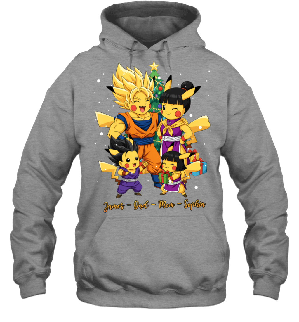 Pikachu x Son Goku Parents & Kids Custom Name Christmas T-Shirt for Family