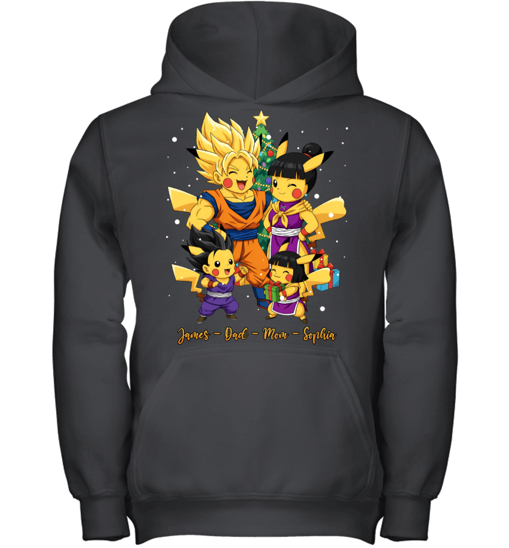 Pikachu x Son Goku Parents & Kids Custom Name Christmas T-Shirt for Family