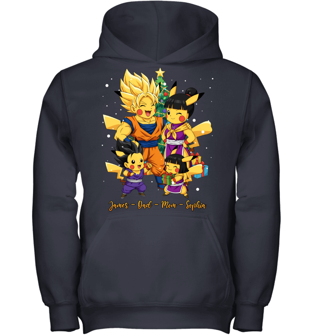 Pikachu x Son Goku Parents & Kids Custom Name Christmas T-Shirt for Family