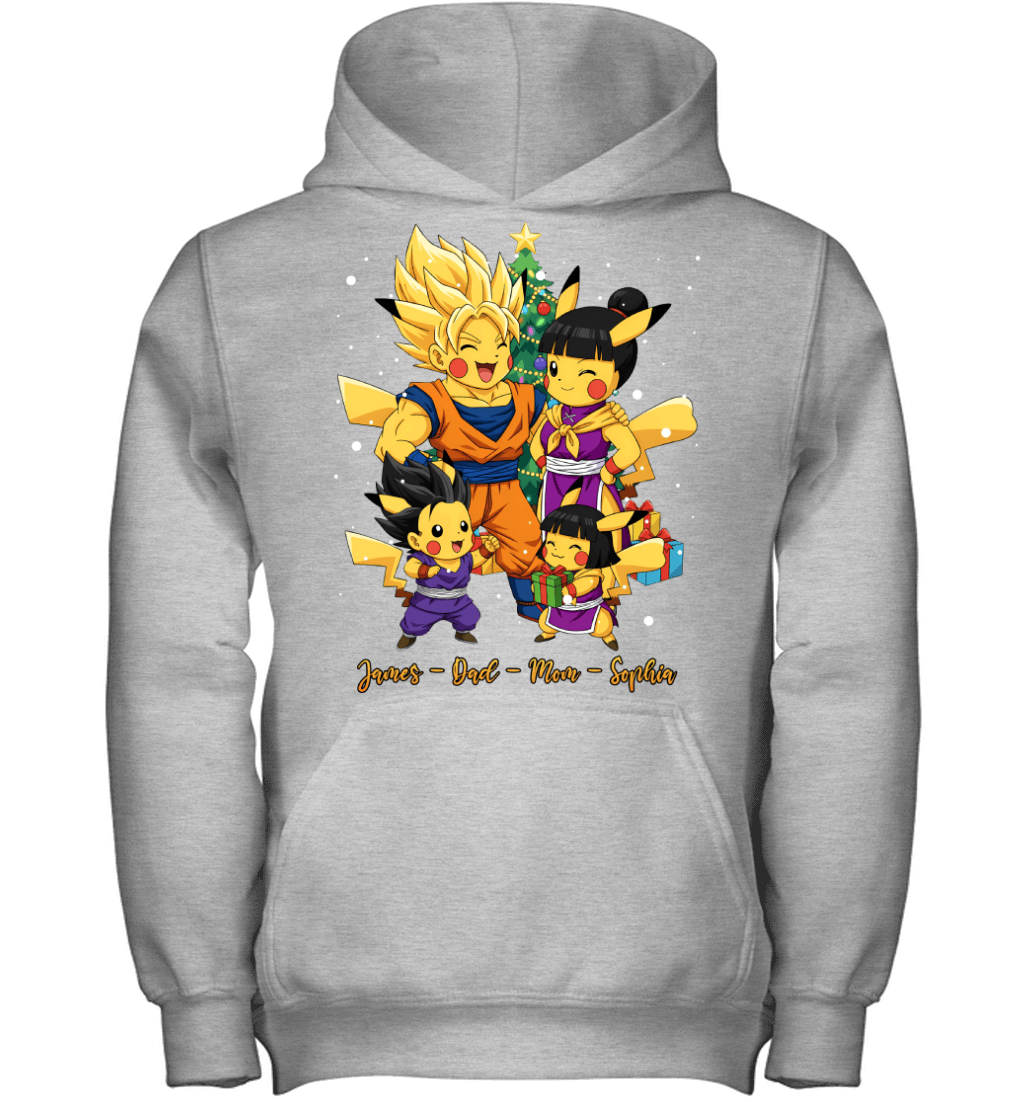 Pikachu x Son Goku Parents & Kids Custom Name Christmas T-Shirt for Family