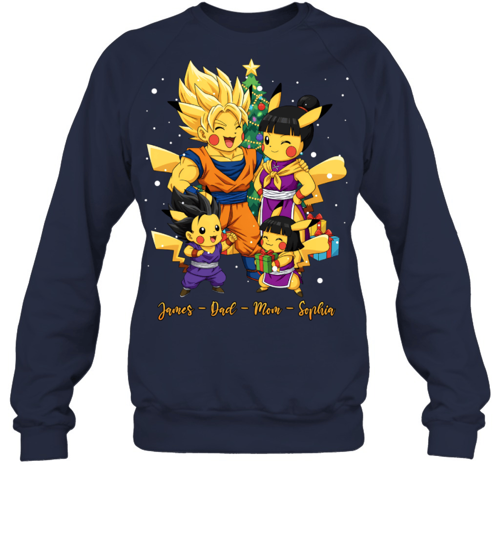 Pikachu x Son Goku Parents & Kids Custom Name Christmas T-Shirt for Family